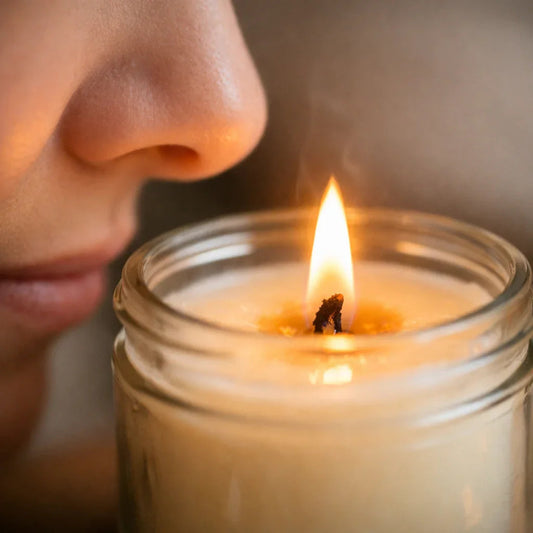 Bougie artisanale parfumée allumée, nez profitant du parfum, ambiance chaleureuse.