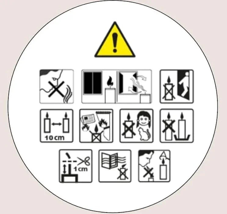Pictogrammes de sécurité pour bougies artisanales, conseils d'utilisation et avertissements.