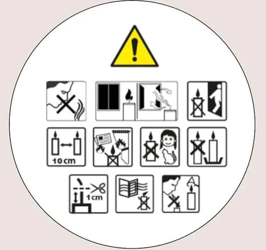 Pictogrammes de sécurité pour bougies artisanales, conseils d'utilisation et avertissements.