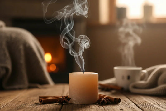 Bougie artisanale parfumée qui fume sur table en bois, ambiance cocooning et chaleureuse