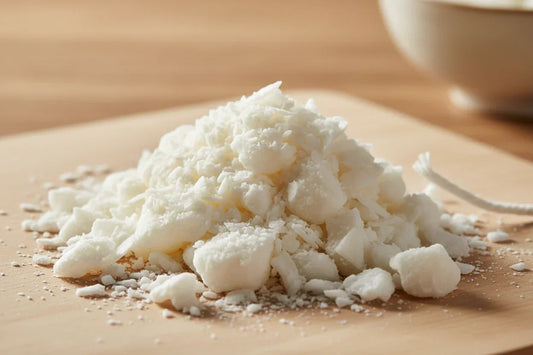 Éclats de cire de soja naturelle sur une planche, ingrédients bougie artisanale Amoureusement bougie