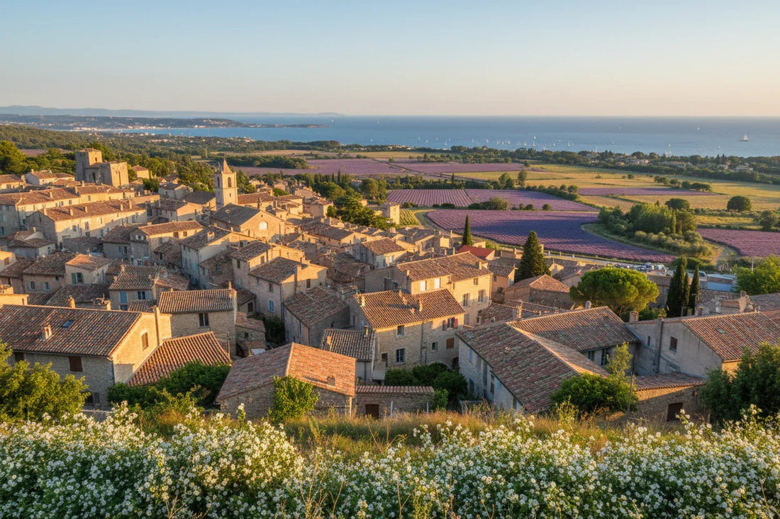 Vue panoramique de Grasse avec toits en tuiles, champs de lavande et mer en arrière-plan