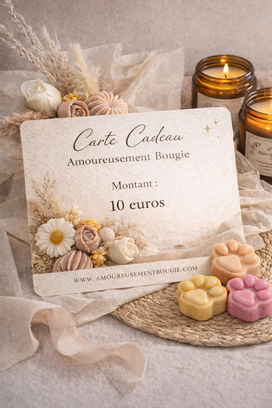 Carte cadeau Amoureusement Bougie avec bougies artisanales, fleurs séchées et fond chaleureux.