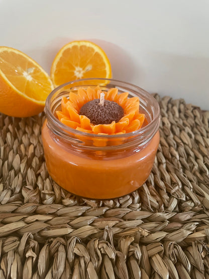 Bougie artisanale fleurie orange en pot, décor d'orange fraîche, fait main France