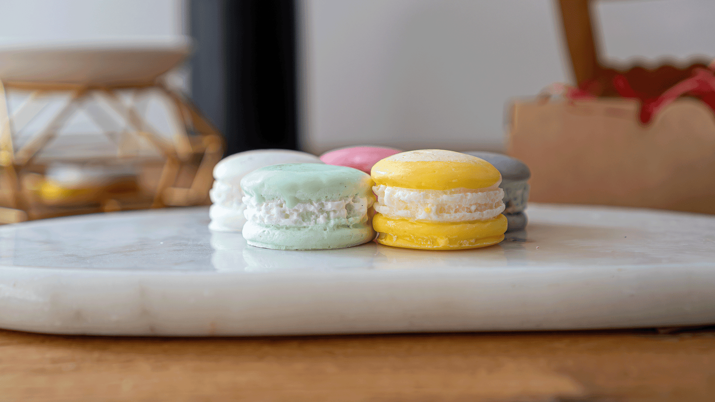 Fondants parfumés 5 macarons "Cookies chocolat, Madeleine, Noix de coco, Vanille, Fraise des bois"